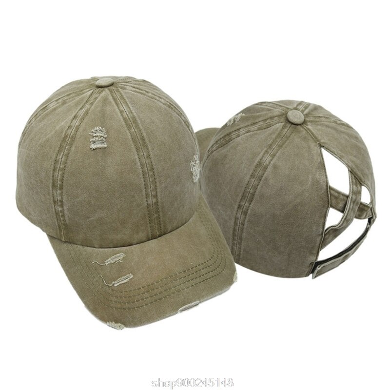 Femmes lavé casquette de Baseball crème solaire en détresse déchiré Criss croix haute queue de cheval réglable chapeau de relance N12 20 directe: Cyan Khaki