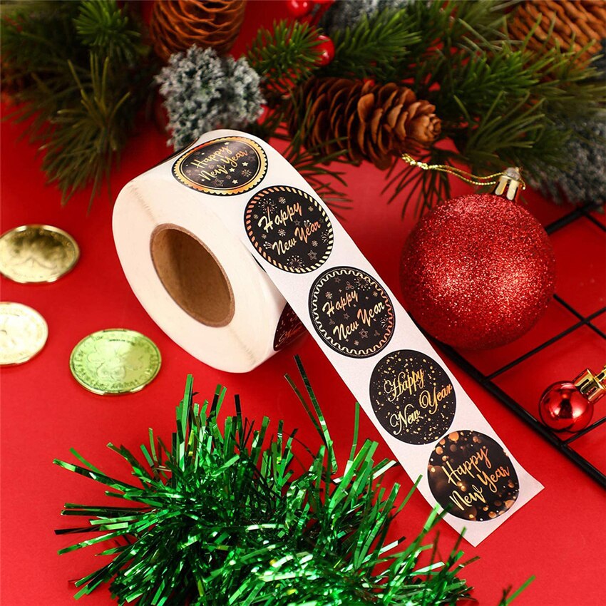 100-500 Stuks Gelukkig Nieuwjaar Stickers 8 Ontwerpen 1.5 &#39;&#39;Ronde Zwarte Goud Labels Stickers Voor Kerstcadeau kaarten Enveloppen Dozen