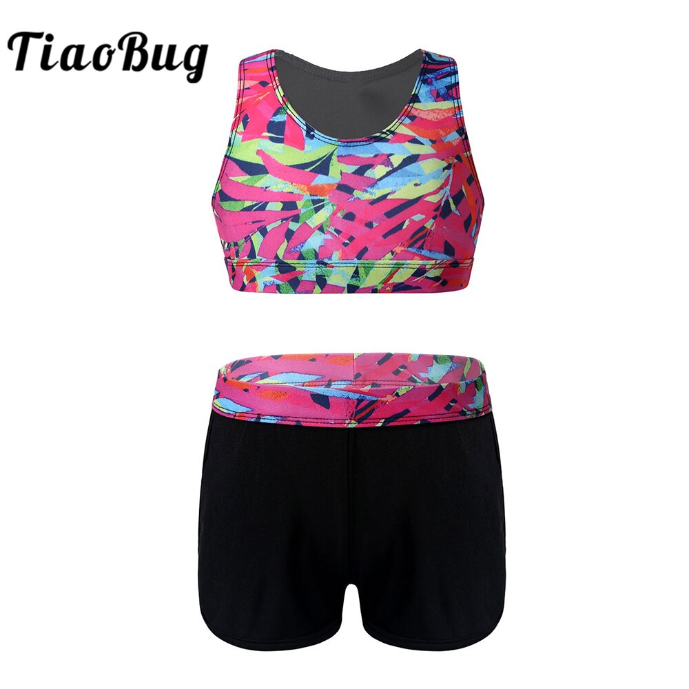 Tiaobug børn ærmeløs printet crop top sports bh med gymnastik shorts sæt børn piger ballet træning todelt dansetøj