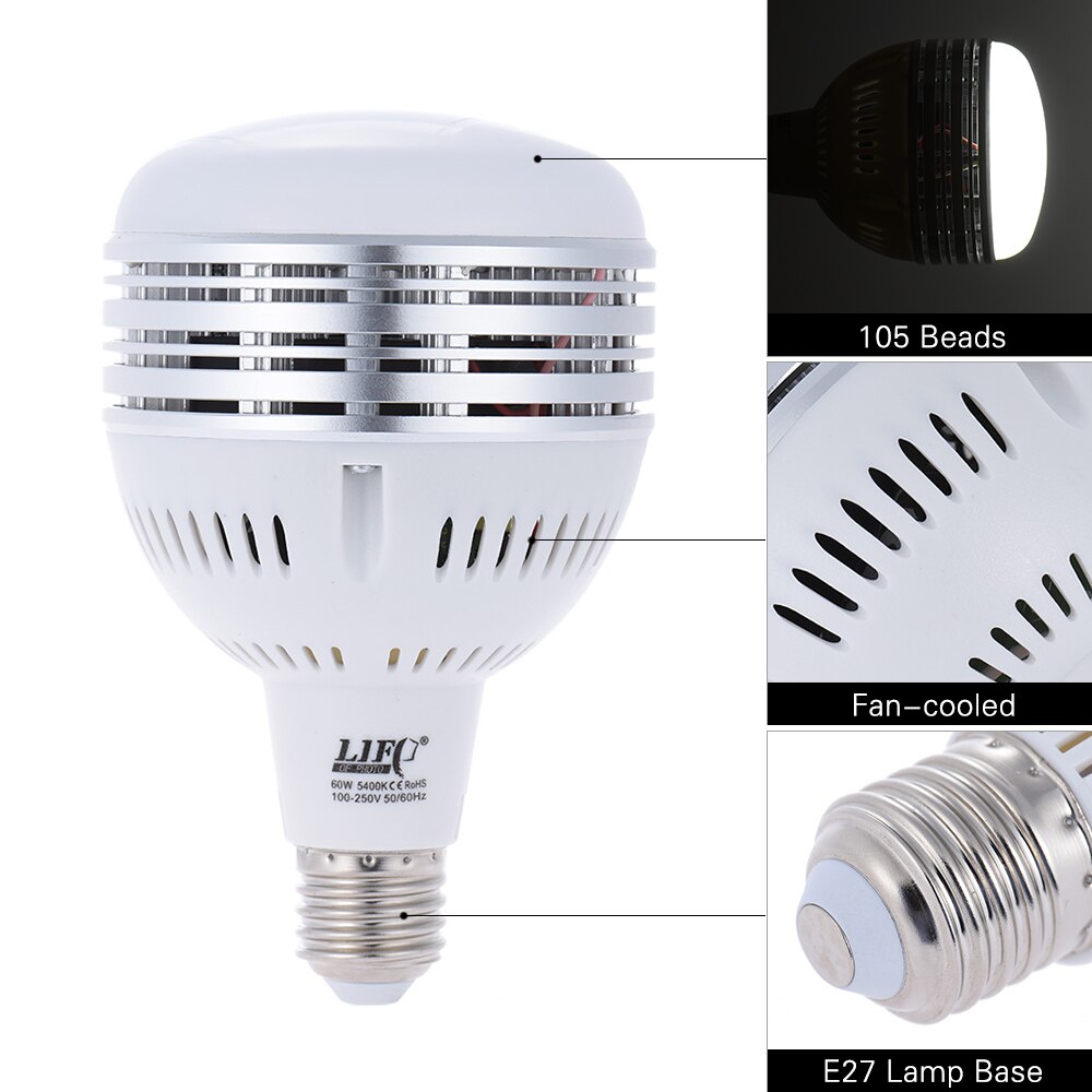 100~250V 60W LED Daylight Balanced E27 5400K Light Bulb Studio Modeling Lamp for Photography Video Lighting