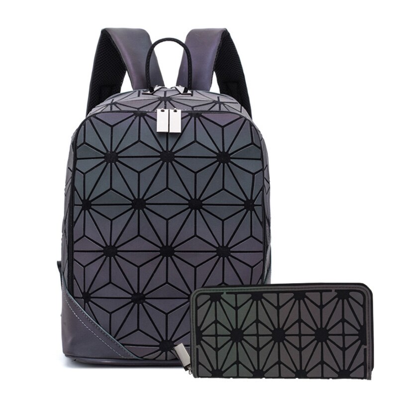 Nuovo Luminoso Zaino Delle Donne Zaino Reticolo Set Scuola Zaini per Teenage Girl Borse da Scuola Olografica Frizione Della Borsa Mochila: 2-piece set A