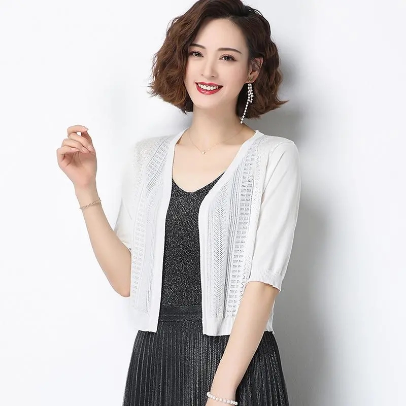 Dames Ijs Zijde Gebreid Vest Zomer Effen Kleur Holle V-Hals Losse Middelste Mouw Korte Sjaal Ropa De Mujer Ofertas: XXL / WHITE