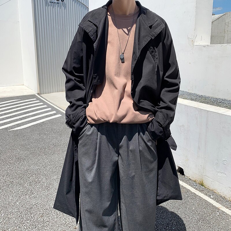 Ulzzang – Trench-coat à Simple boutonnage pour homme, vêtement d'extérieur Chic, uni, mi-long, Style coréen