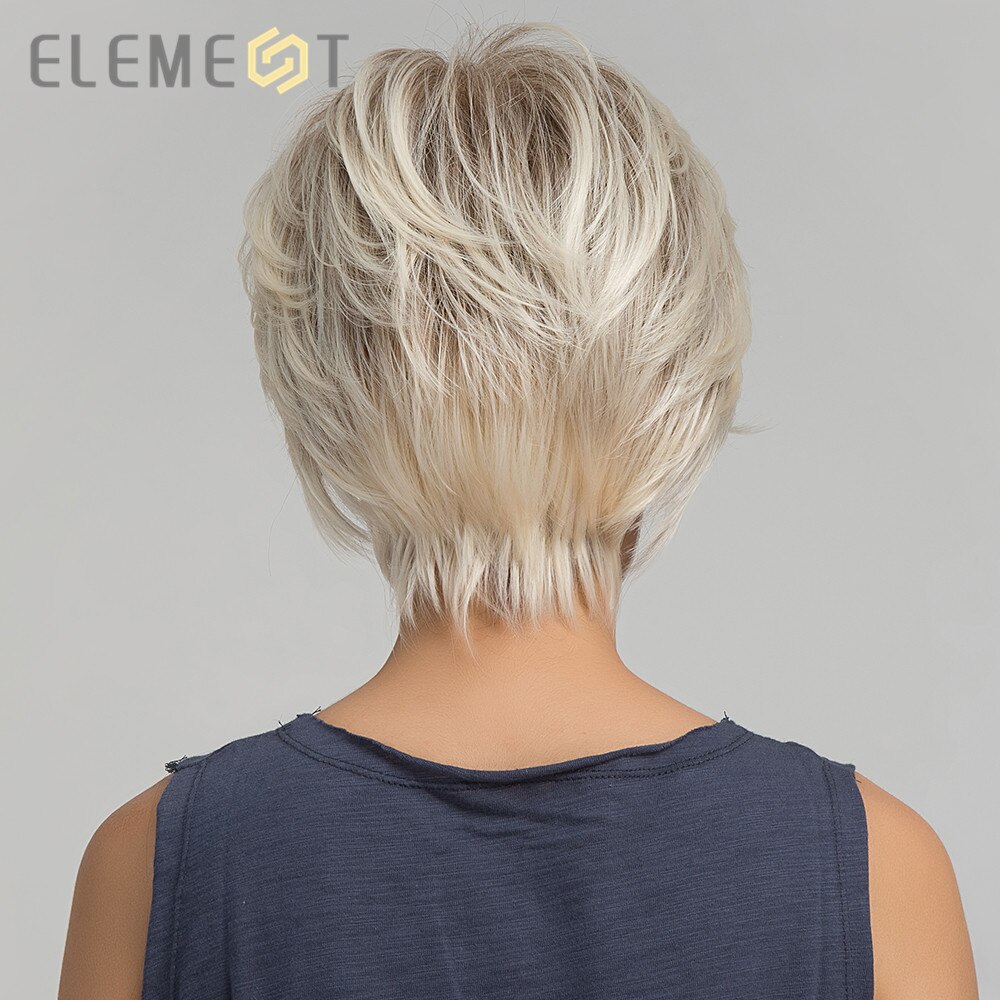 Element Short Straight Ombre Light Brown to Blonde Color Synthetic Pixie Cut Wigs for White/Black Women Daily Wear