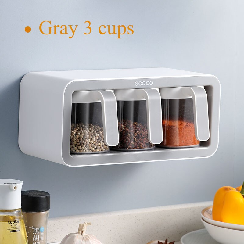 Kruiden Rek Muur Gemonteerde Opbergdoos Suikerpot Zout Shaker Kruiden Container Kruiden Doos Met Lepel Keuken Benodigdheden Set: Gray 3 cups
