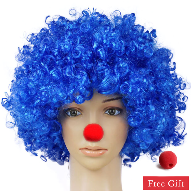 Kleurrijke Clown Pruik Afro Krullend Synthetische Pruik Cosplay voor Mannen Vrouwen Mardi Gras Party Pruik Rood Groen Geel Blauw Pruik Clown Neus: Blauw