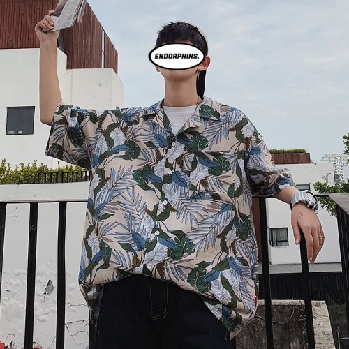 Läsbar blommig skjorta herr herr koreansk kortärmad skjorta herr hawaiianska skjortor lediga lösa kläder herr oversize: Kaki / S