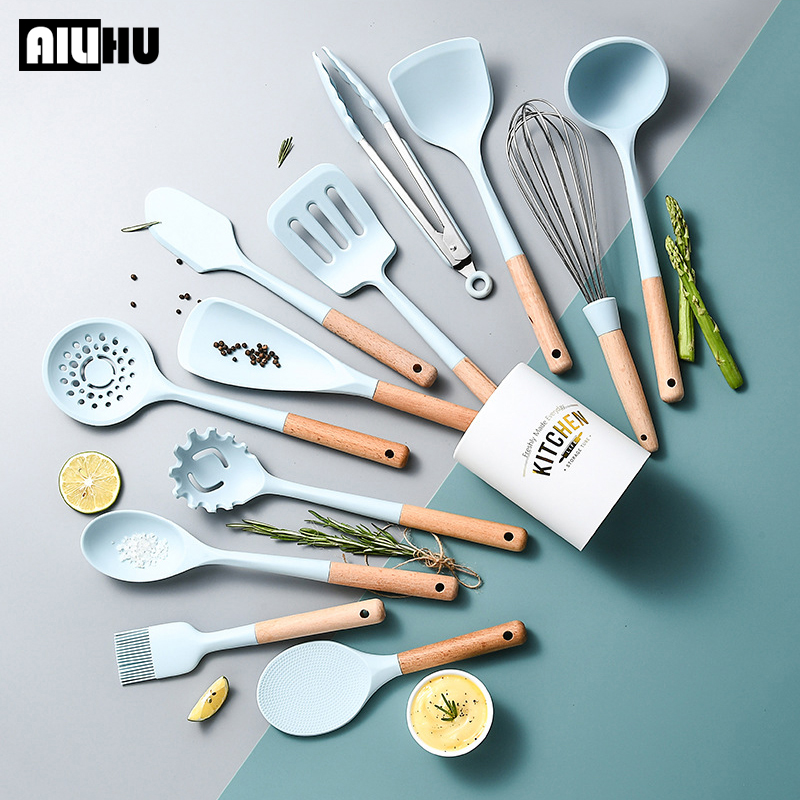 Morandi Blue Silicone Kitchenware Cooking Utensils Heat Resistant Kitchen Non-Stick Cooking Utensils Kitchen Baking Tools