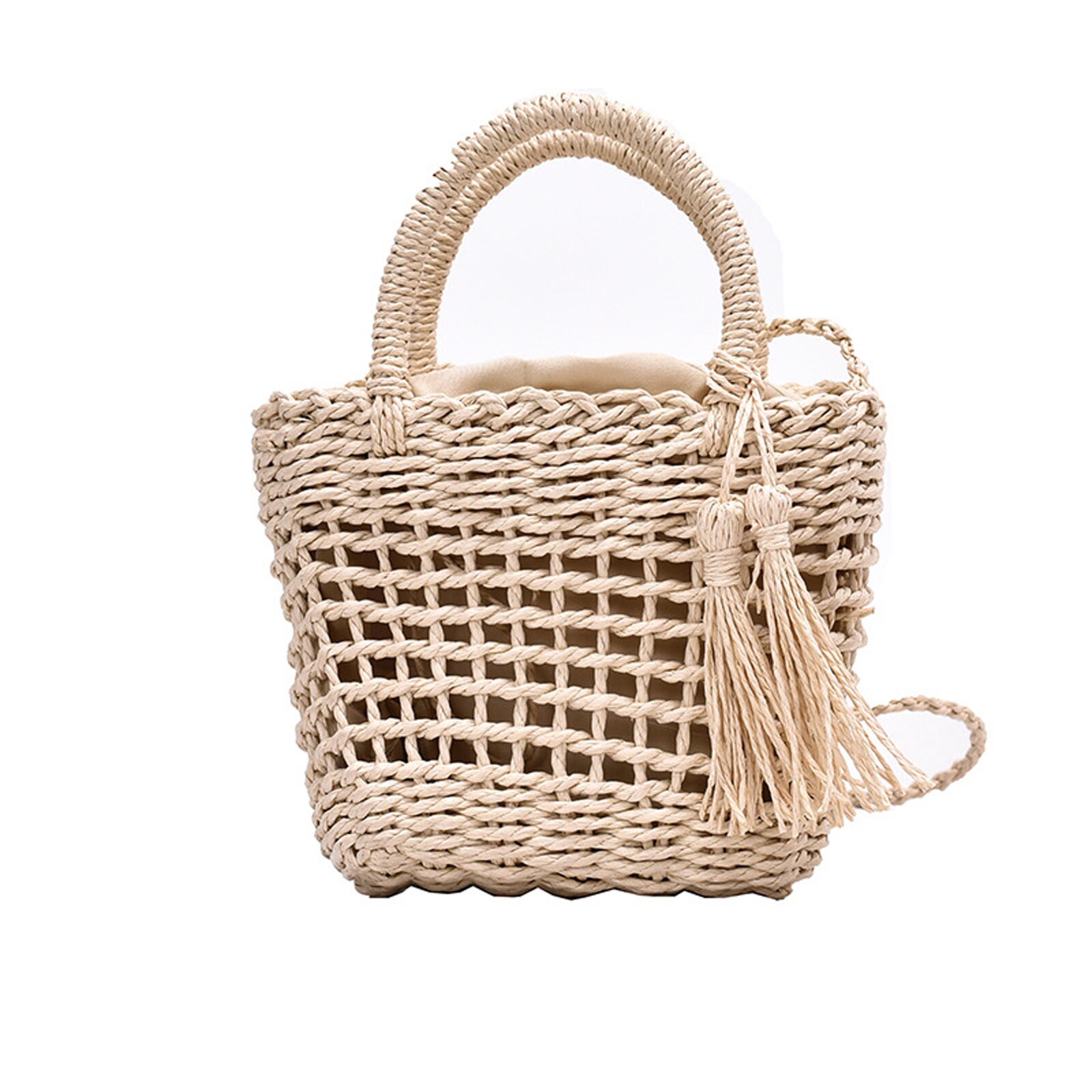 Bolsa de vime feita à mão, de palha, rattan, feminina, verão, vazada, bolsa de ombro cruzada, com laço, borlas: C
