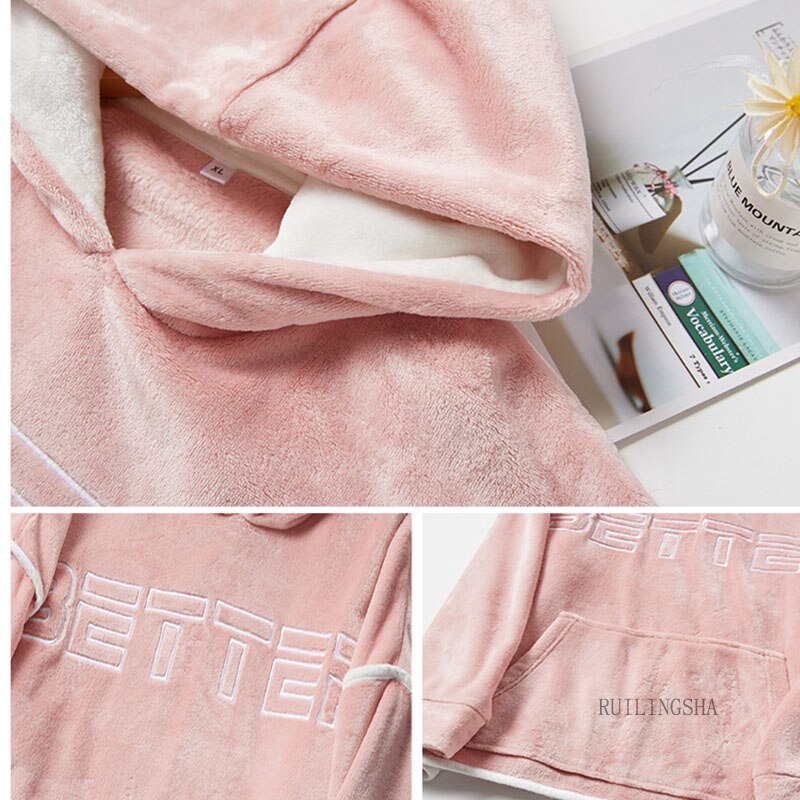 Pijama de franela con capucha para hombre, conjunto de 2 unids/set/conjunto de ropa de dormir gruesa y cálida para parejas, trajes informales sueltos para el hogar