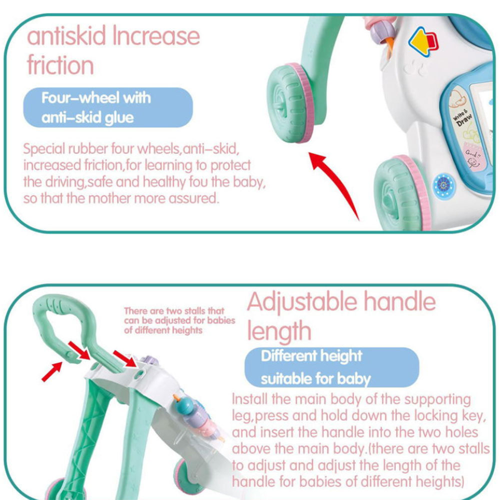 Multi-function Baby Walker Toddler Trolley Sit-to-Stand ABS Musical Walker with Adjustable Height Anti-rollover to Learn Walk
