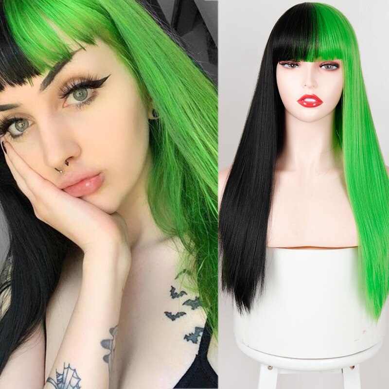 Synthetic wig Purple and Black Wig Long Straight hair Cosplay Wig Halloween wig Two Tone Ombre Color Women Hair Wigs Pink Green: NC/4HL