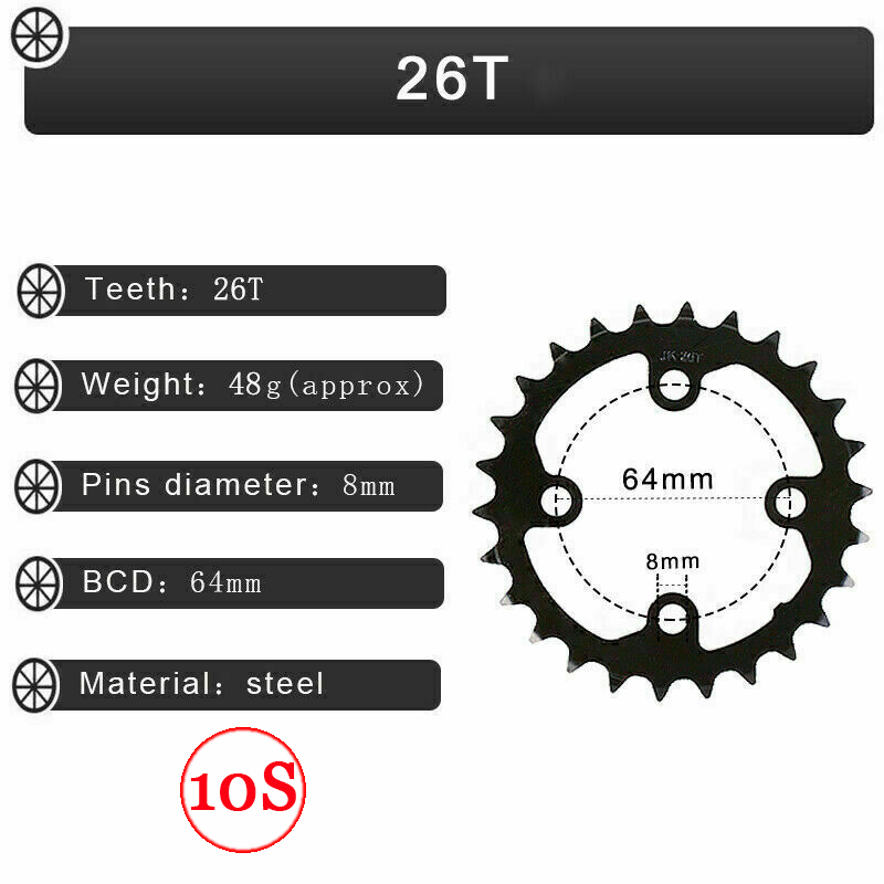 Plato de bicicleta 104BCD 64BCD 22/24/26/32/38/42/44T, plato de bicicleta de 9/10 velocidades para platos y bielas de doble/triple velocidad: 10S 64BCD-26T