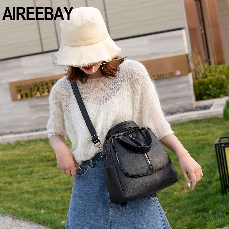 AIREEBAY Frauen Leder Rucksäcke Vintage Weibliche Schulter Tasche Reise Damen Bagpack Silber Schwarz Schule Taschen Für Teenager Mädchen