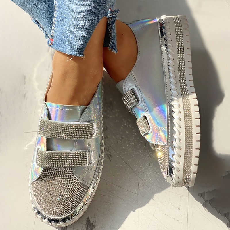 Dam strass casual daglig magic tape sneakers tjocka botten lazy casual dam skor strass kvinnliga platta skor