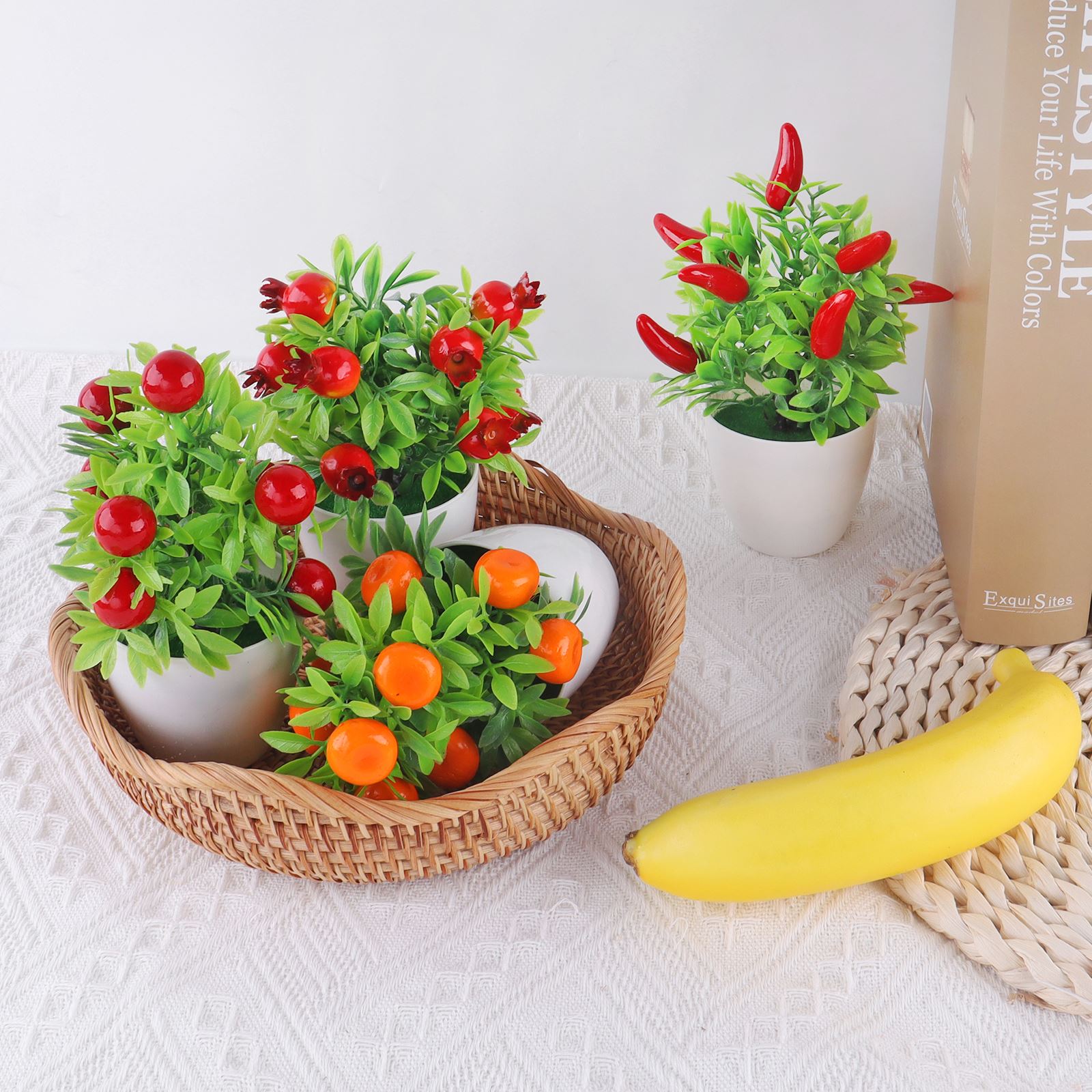 Kunstige planter bonsai appelsin granatæble frugt chili træ potte vindueskarm dekoration hjemme bord dekoration mini plast ornament