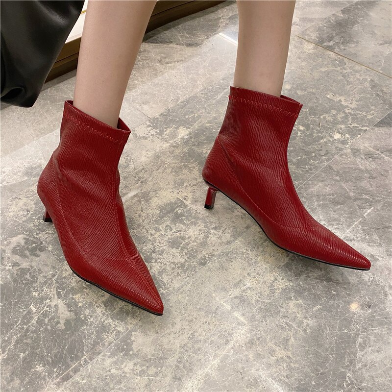 Pointed Toe Sock Boots Women Ankle Boots Stretch Shoes Slip On Thin Mid Heels Chelsea Boots Woman Red Black Shoes Short Boots