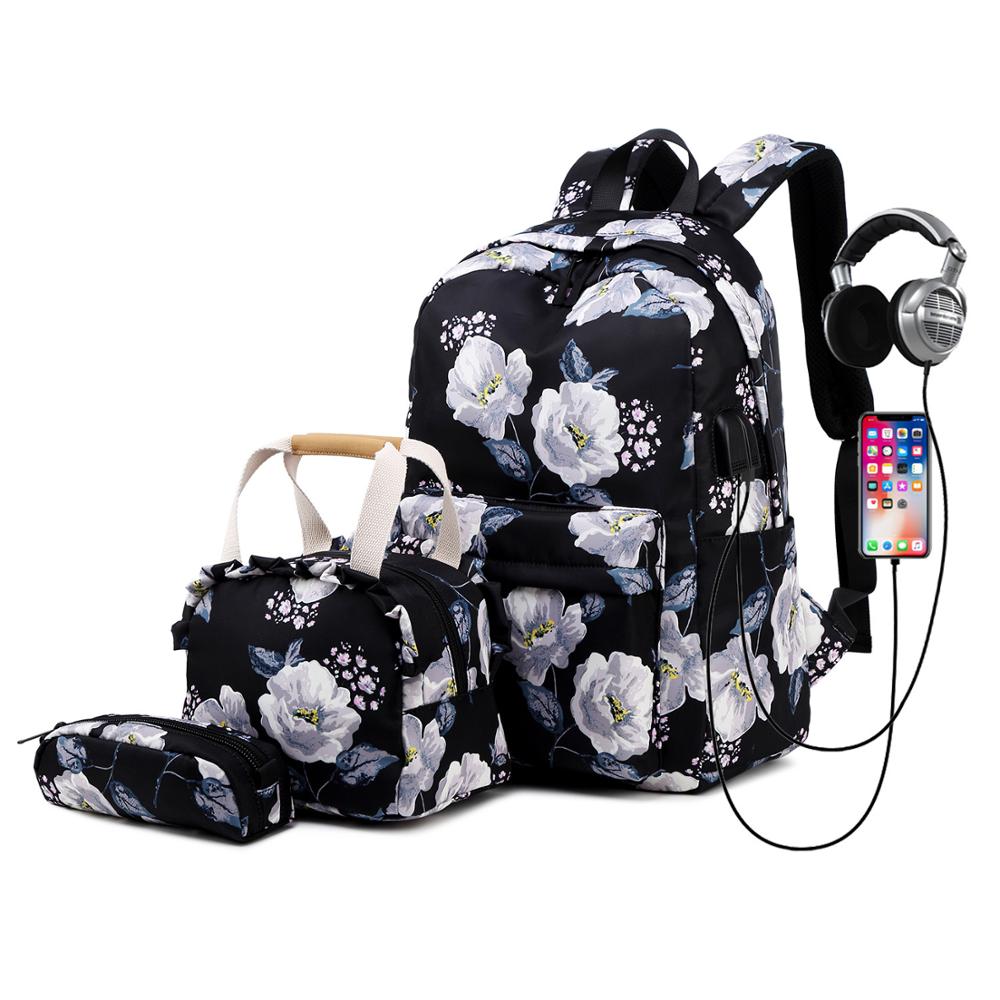 Bloemen Meisjes Rugzak voor School Lichtgewicht Bookbags Satchel College Tassen Tiener Meisjes Kids Schooltas Set Vrouwen Reizen Dagrugzak: S118 Black 1 Set