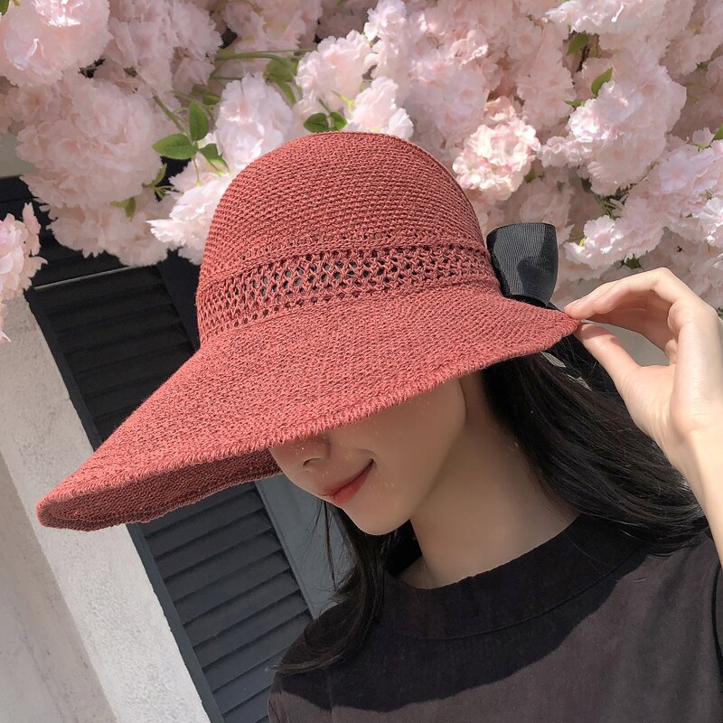Luna&delfin kvinnor sommar solhatt strand hopfällbar hatt svart rosett khaki solskyddsmedel temperament platt stor brätte halmhattar utomhus: Vin, röd