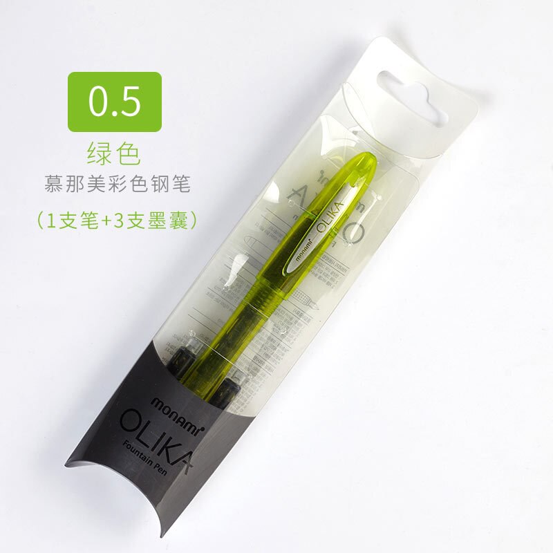 Korean Monami OLIKA Transparent Candy Color Ink Fountain Pen Set 0.5mm Meduim Fine Nib School PVC Plastic Sign Pen Ink Cartridge: Olive 0.5mm Set