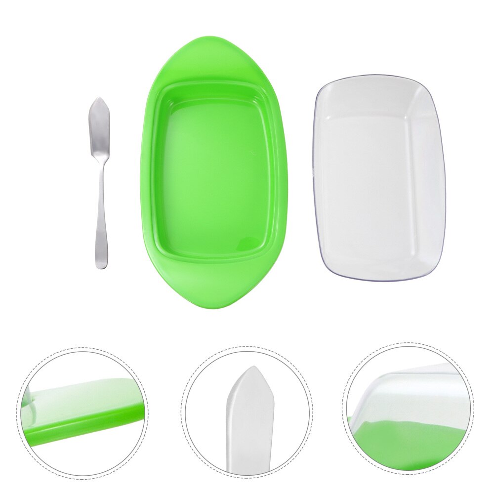 1 Set Cheese Butter Container Dish Storage Box with Lid and Scoop Cutter: Green