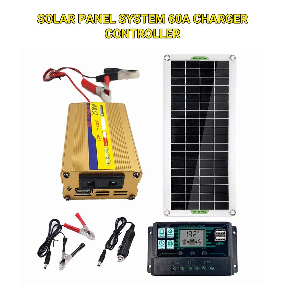 Solar Panel System 220V 30W Solar Panel + 220W Inverter + 60A MPPT Controller Inverter Solar Power System USB For Power Charging
