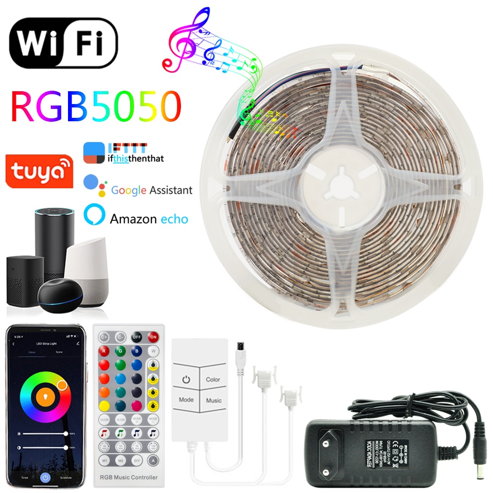 Led Light Strips Wifi Rgb 5050 Werken Met Alexa Google Assistent Telefoon App Diy Kleur 24V Tv Computer Slaapkamer bluetooth Luces Led: WIFI control / 30m