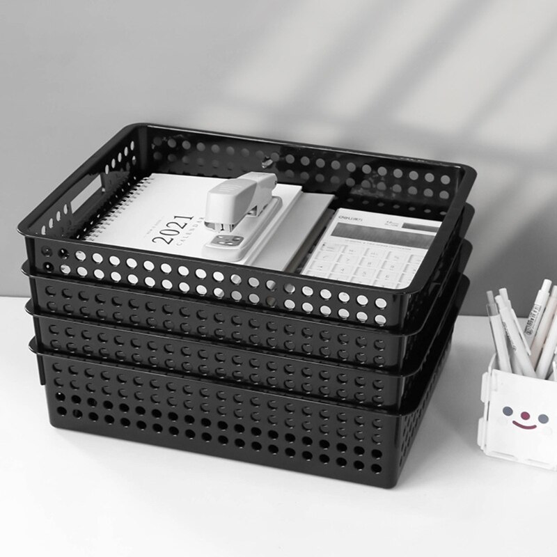 Plastic Storage Basket File Tray Tabletop A4 Document Magazine Organizer with Handles for Home Office Pantry Bedroom