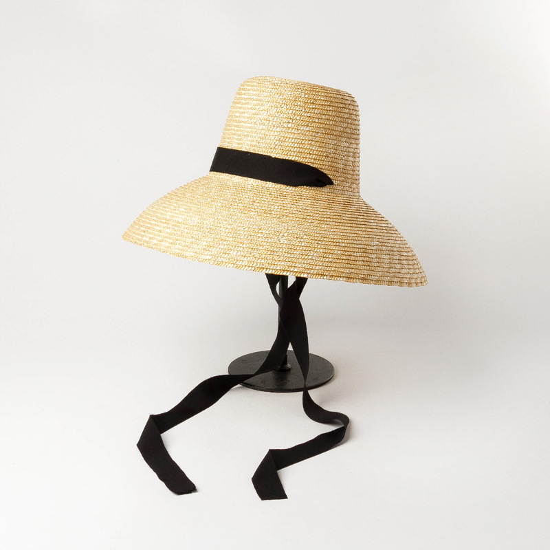 Uspop sommerhatte til kvinder naturlige hvede stråhatte høje flade top lange bånd snørebånd solhatte brede rand strand hatte: Sort