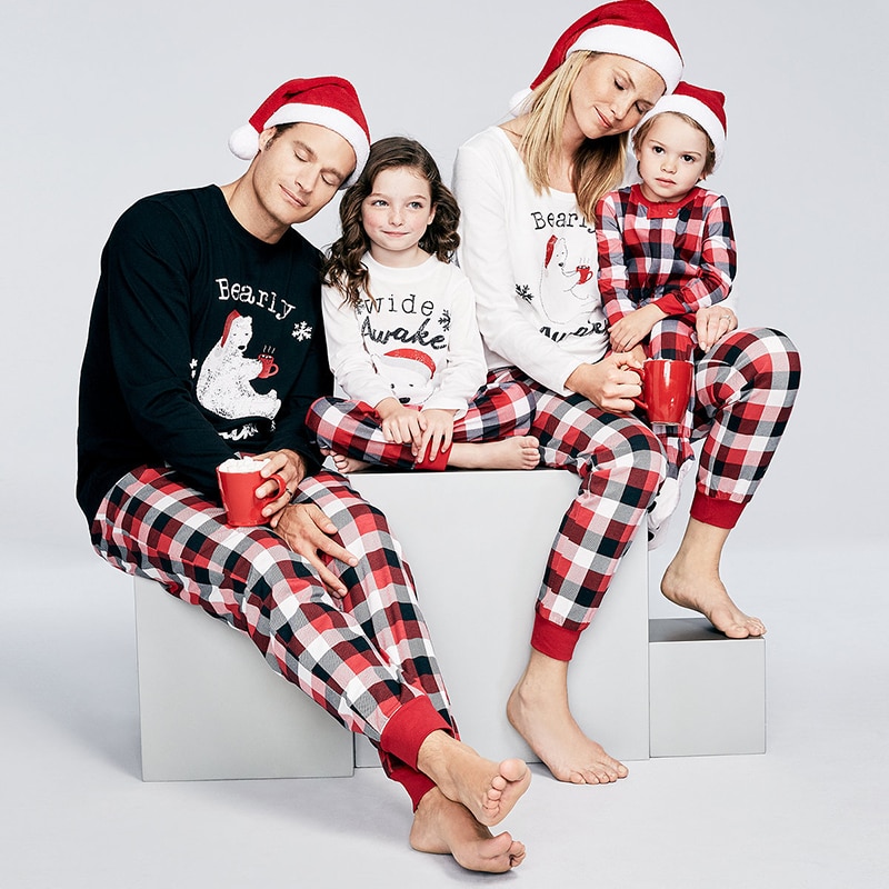 Ensemble pyjama réveil ours pour noël, vêtements assortis pour famille, noël, payé rouge pour maman et moi