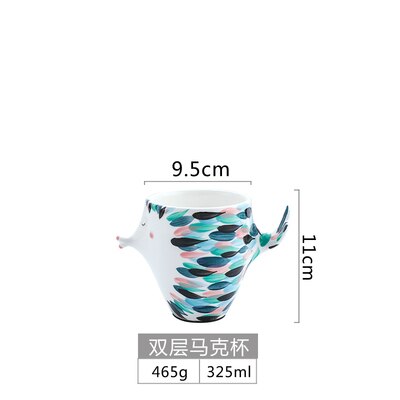 Bedste 3d fisk form keramiske tekande sæt krus dobbelt væg porcelæn dessert tallerken morgenmad sæt kop fødselsdag par samling: Stort dobbeltvægskrus