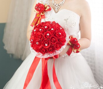 Mooie Paars Bruidsboeket Handgemaakte Bridal Bloem Bruidsboeketten Kunstmatige Parels Bloem Roos Boeket roze paars wit: Rood