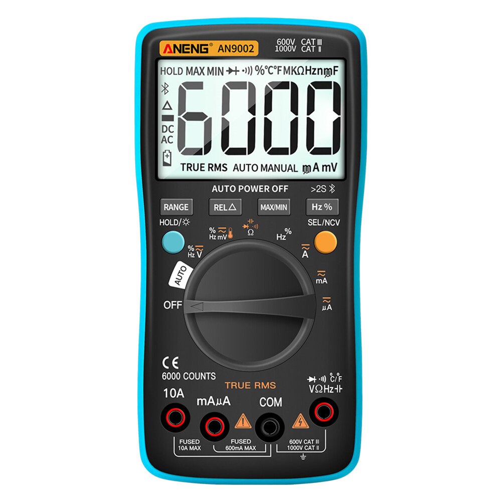 Wireless Bluetooth Digital Multimeter RMS Manual/Auto Strong Toughness Electric Portable Range Voltmeter Ammeter: Blue