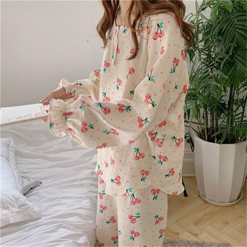 Summer Cotton Pajamas Set For Women Long Sleeve Print Thin Women's Sleepwear Loose Female Nightwear