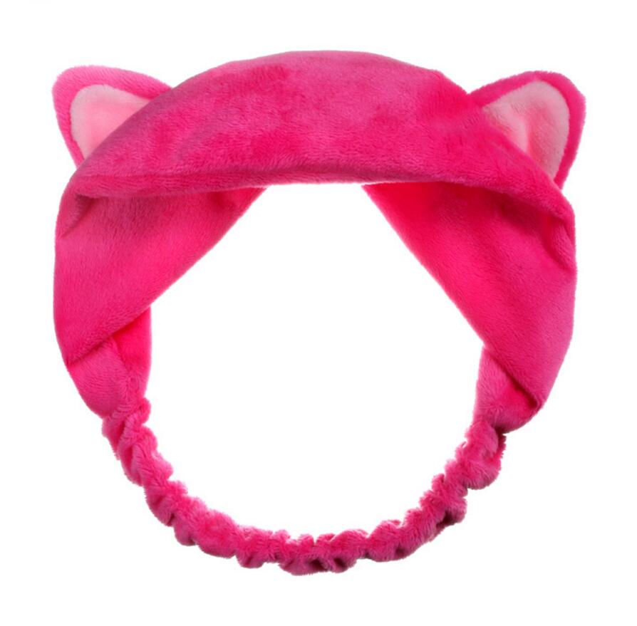 Härlig mjuk carol fleece katt öron smink kosmetisk dusch elastiskt hårband spa pannband tvätta ansikte hårspets pannband  hb011: Skrikrosa