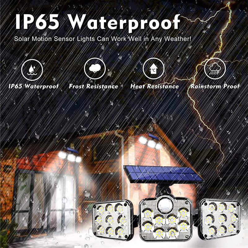 Solar Motion Sensor Outdoor Light 138 LED 3 Head 270° Wide Angle Illumination Remote Control Solar Wall Light for Garden Garage