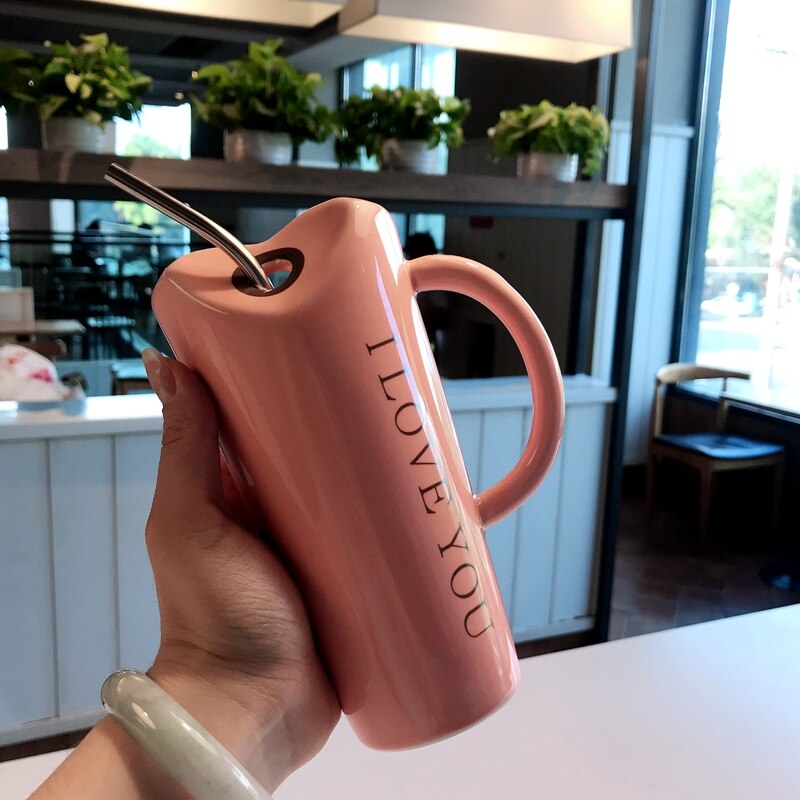 Taza de cerámica para beber OUSSIRRO, creativa, con personalidad minimalista, pajitas a granel, cuchara para hombre y mujer, taza para el hogar para oficina
