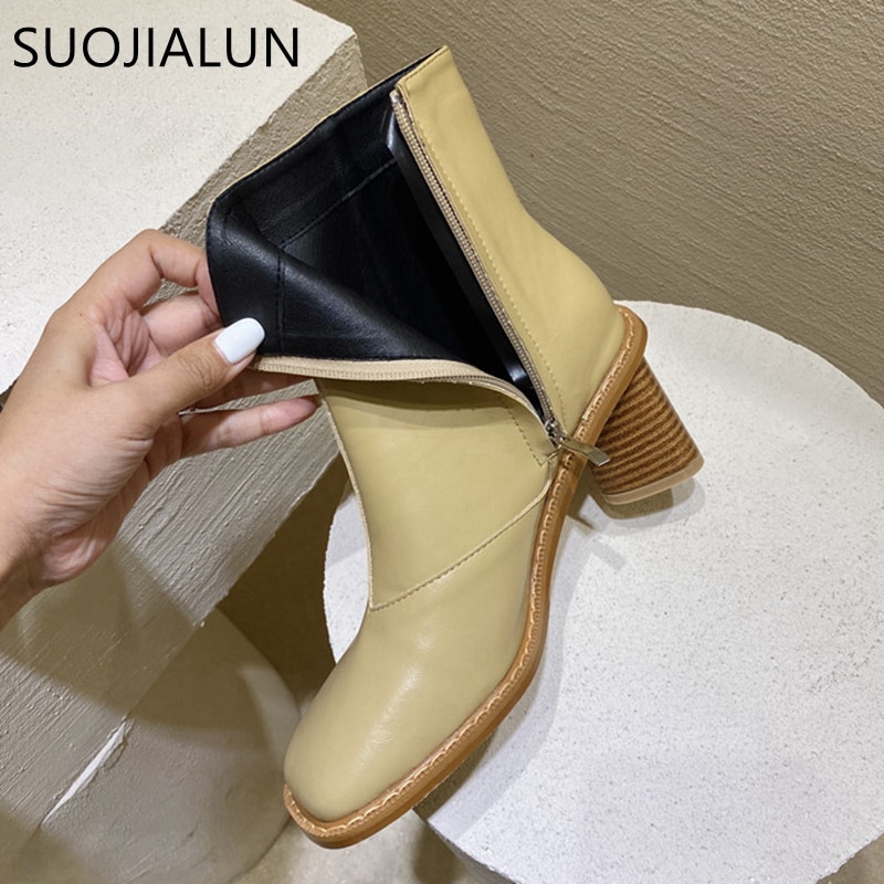 Suojialun dames enkellaarsjes met vierkante houten blokhak dames korte laarzen winter dames chelsea boots damesschoenen