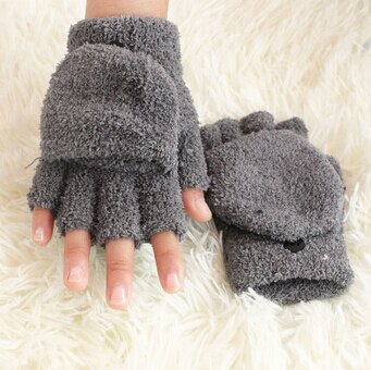 Kids Gloves Baby Girls Coral Velvet Dual-use Clamshell Half Finger Gloves: gray