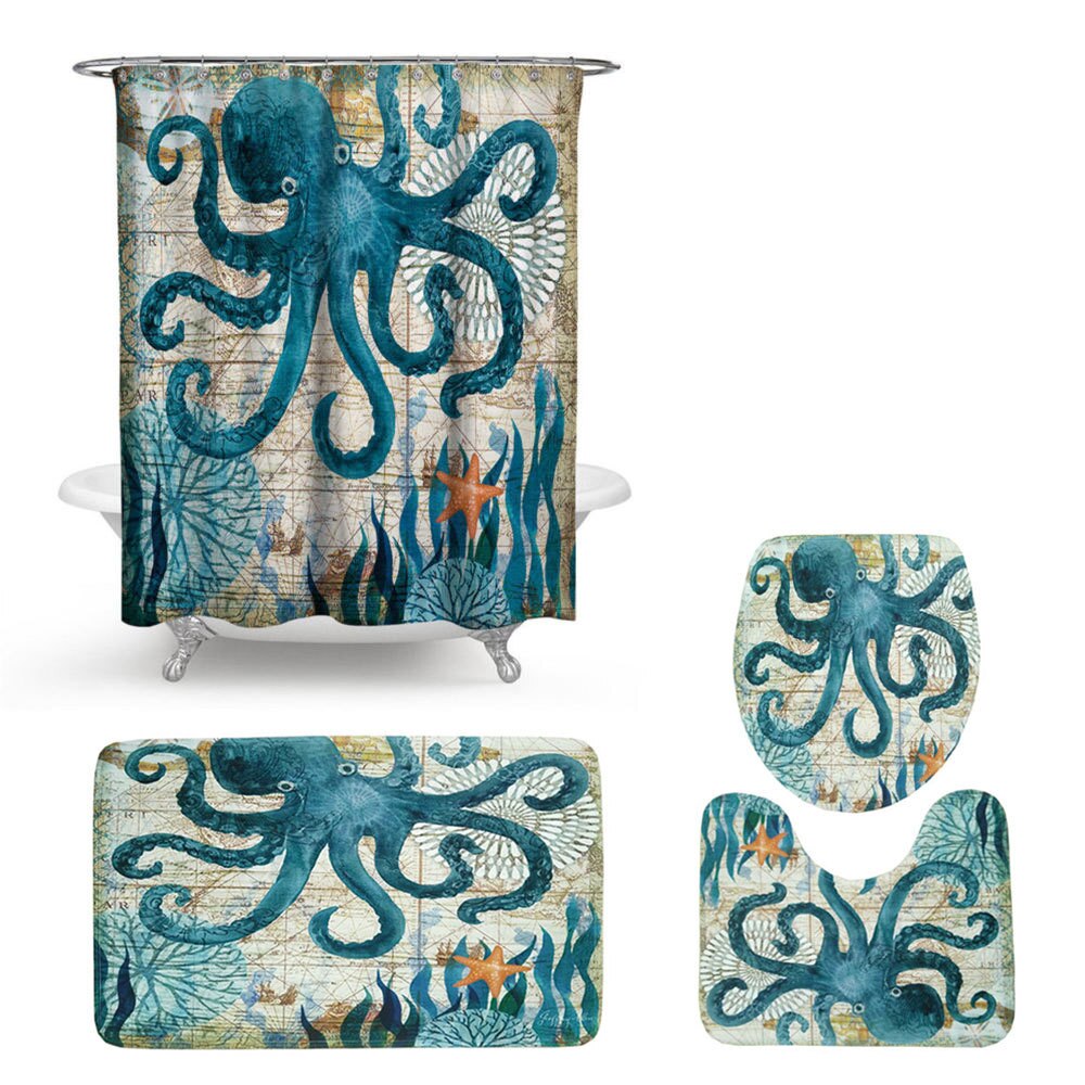Printing Animal Bath Mat and Shower Curtain Set Absorbent Toilet Mat Bathroom Carpet Non-slip Foot Mat Microfiber Bath Mat: 4pcs-4