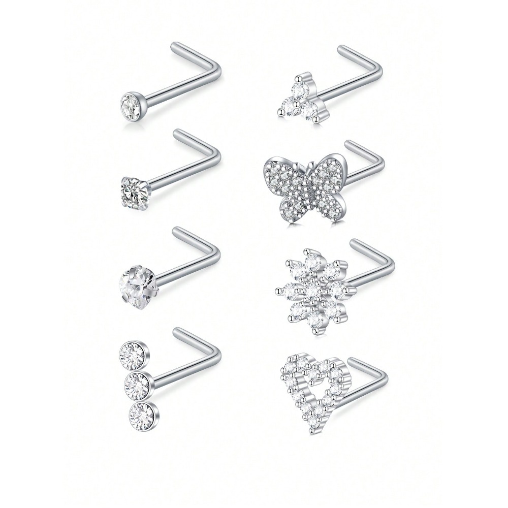 8Pcs/Set Nose Studs Rings For Women 18G 20G Corkscrew L Shaped Nose Screw Studs Nose Rings Studs Surgical Steel Nostril Nose Pie: SILVER PLATED
