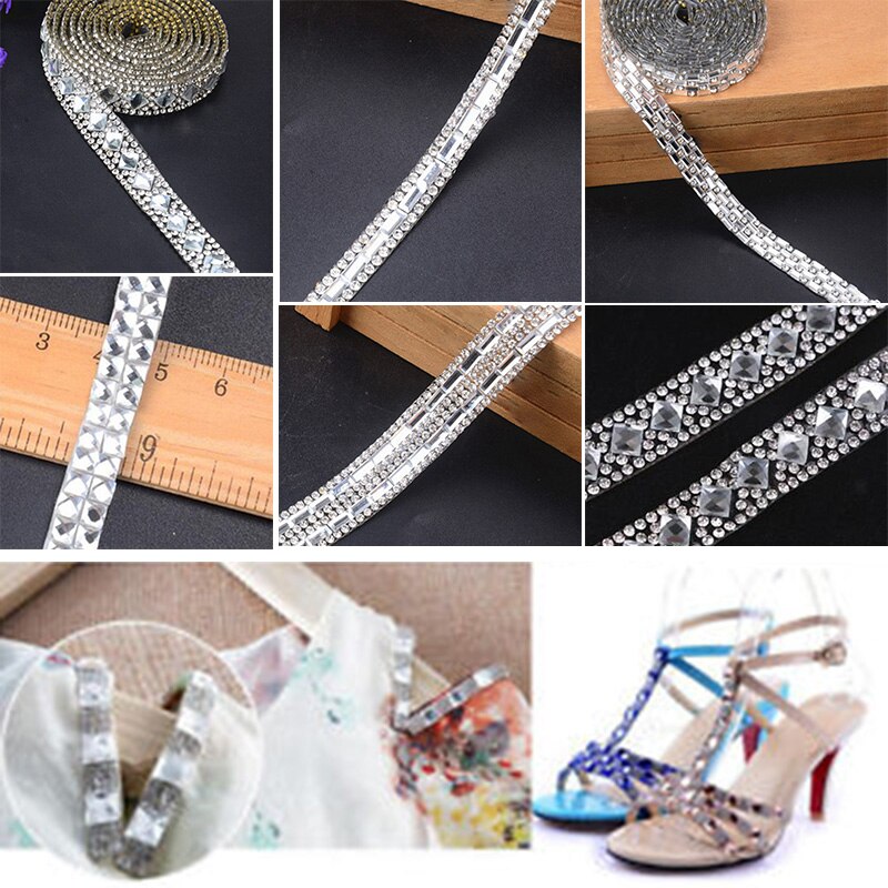 1pcs Set Rhinestone Ribbon Glitter Dress Sewing Trim Crystals Beaded Iron On Applique Sewing Trim Embellishments Wedding Decor