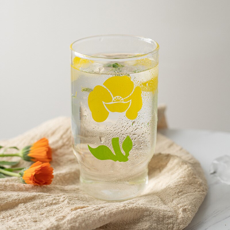 Taza de vidrio usada de Japón y Corea del Sur de 350ML, vaso de vidrio pintado a mano de flor de tulipán, taza de leche de café, taza gruesa impresa en amarillo