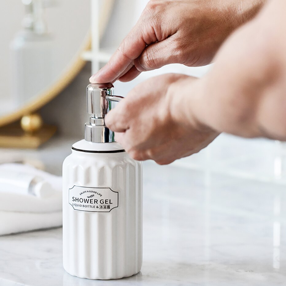 Ceramic Soap Dispenser Bottle White Large-capacity Shower Gel Shampoo Press Bottle Fillable Bathroom Empty Bottle