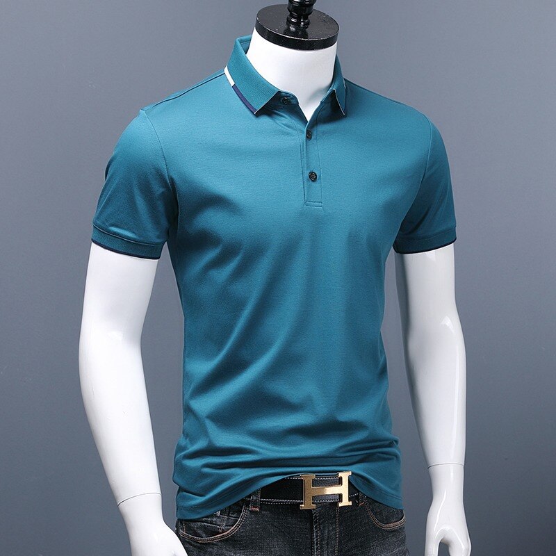 2022 Summer Polo Shirts Men Business Casual Black Slim Fit Short Sleeve Polos Double Mercerized Cotton Tops: Lake blue / XXL 77.5-82.5KG