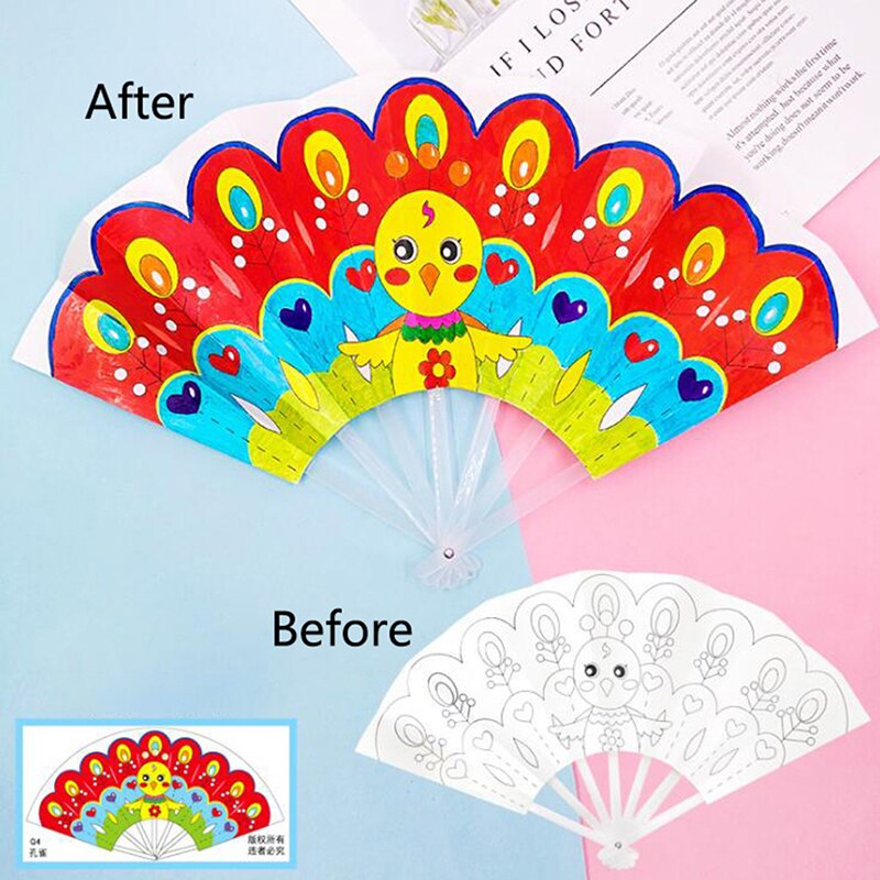 24Cm Schilderen Zomer Fan Diy Speelgoed Voor Kinderen Cartoon Dier Kleur Graffiti Origami Fan Art Ambachtelijke Speelgoed Creatieve Tekening kids