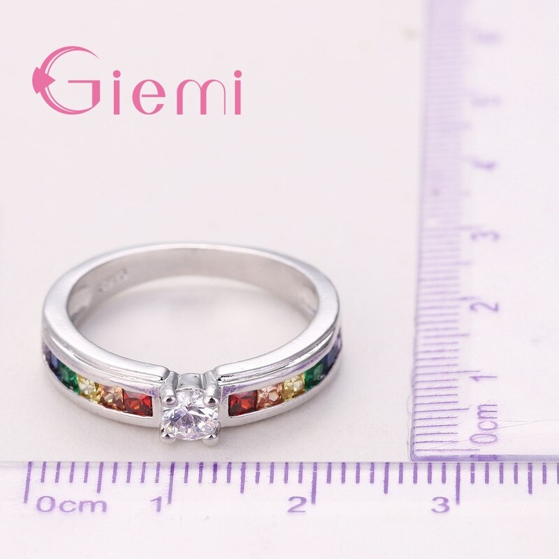 Colorful Rainbow Crystal 925 Sterling Silver Band Ring for Women Female Party Wedding Engagement Jewelry