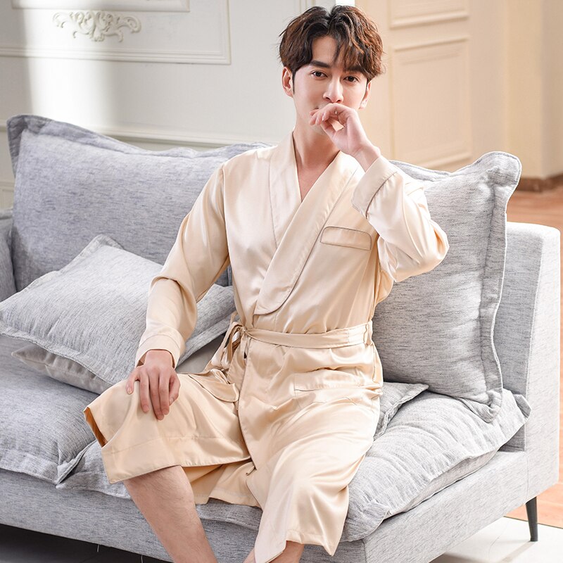 Men Gold Lounge Sleepwear High-grade Silk Nightwear For Men Comfort Silky Bathrobes Noble Dressing gown Men&#39;s Sleep Robes