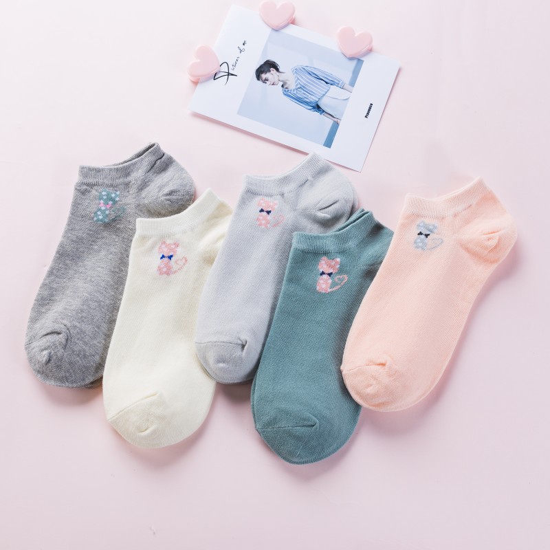 Calcetines tobilleros con de gato para Mujer, medias cortas con dibujos de animales, coreana, Kawaii, informal, 5 pares