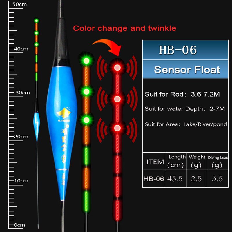 HLJFISHING-flotador eléctrico de pesca con Sensor de gravedad, cebos de pesca integrados IC inteligentes, con antena que cambia de Color, flotador luminoso LED: HB06(3.5g)